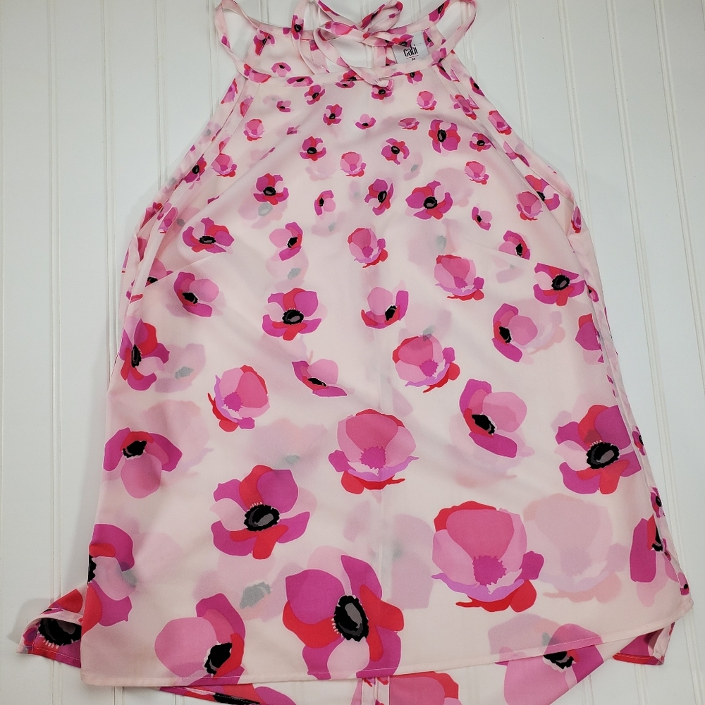 CAbi pink floral top with tie back, medium